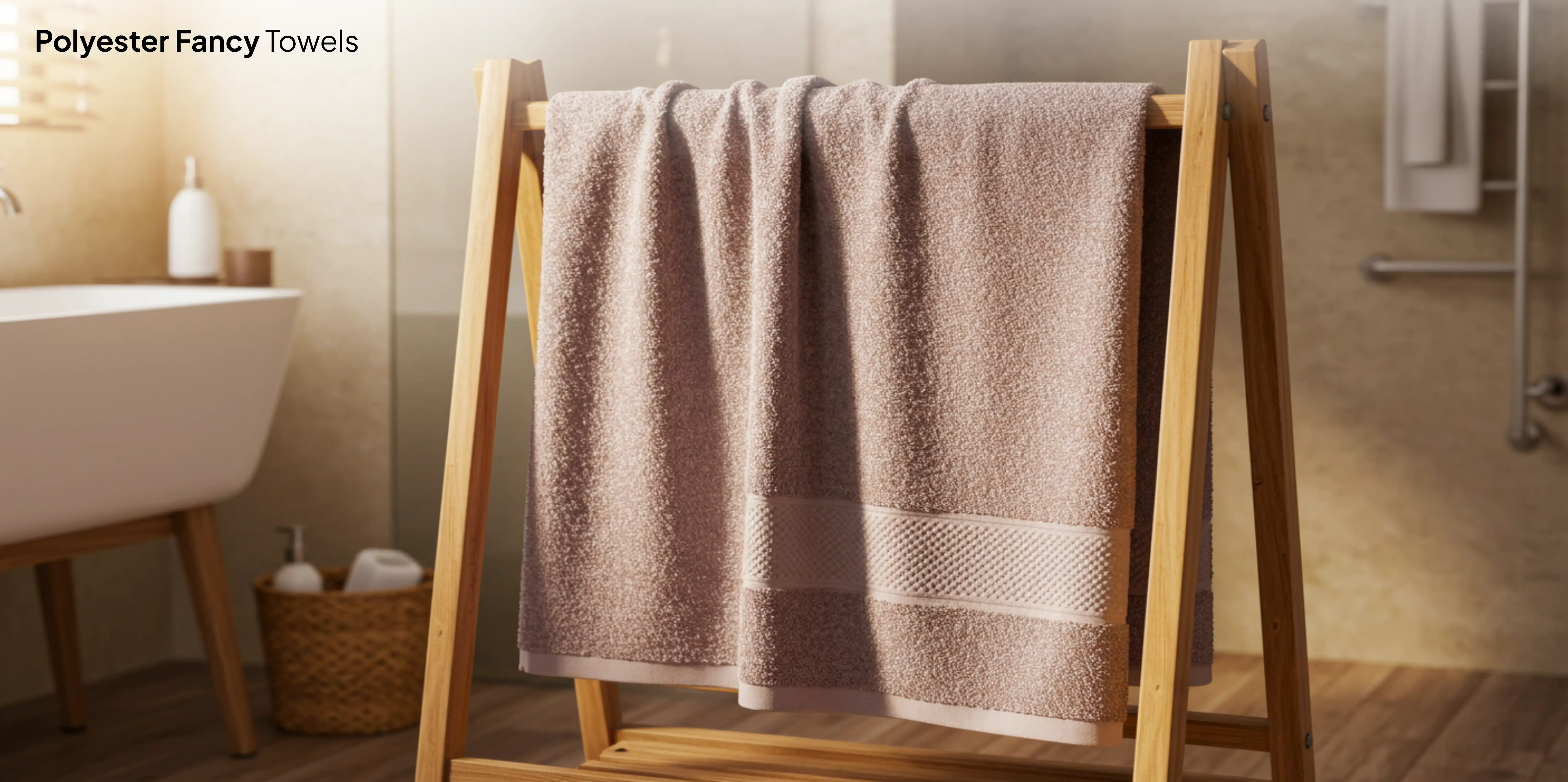 Blush pink towel on wooden rack.